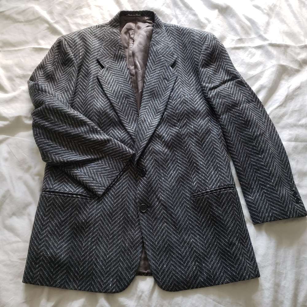 Vintage Ungaro Single Breasted Men's Wool Jacket - Size 43 Reg - Grey Chevron
